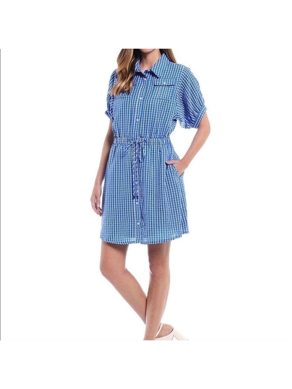LDT Chris Button Down Collar Short Sleeve Seersucker Blouson Shirt Dress